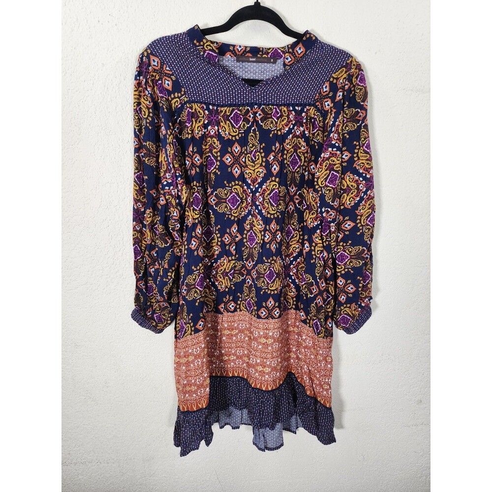 Hazel Womens Tunic Dress S Navy Boho Medallion Geometric Rayon Long Sleeve